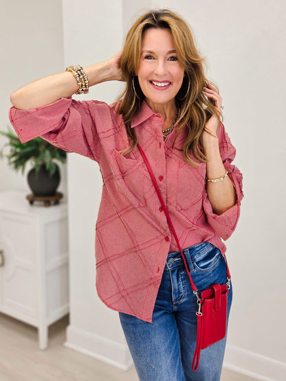 Textured Plaid Detail Button-Up Shirt-Red Mix