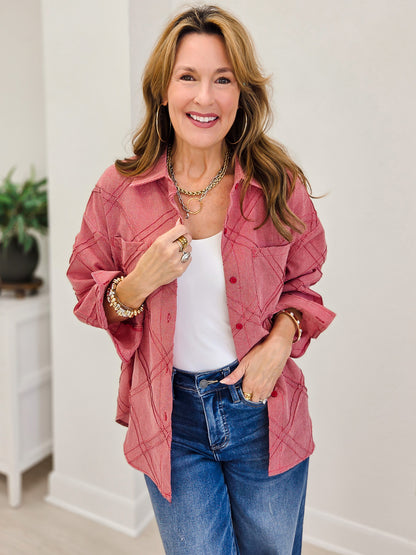 Textured Plaid Detail Button-Up Shirt-Red Mix