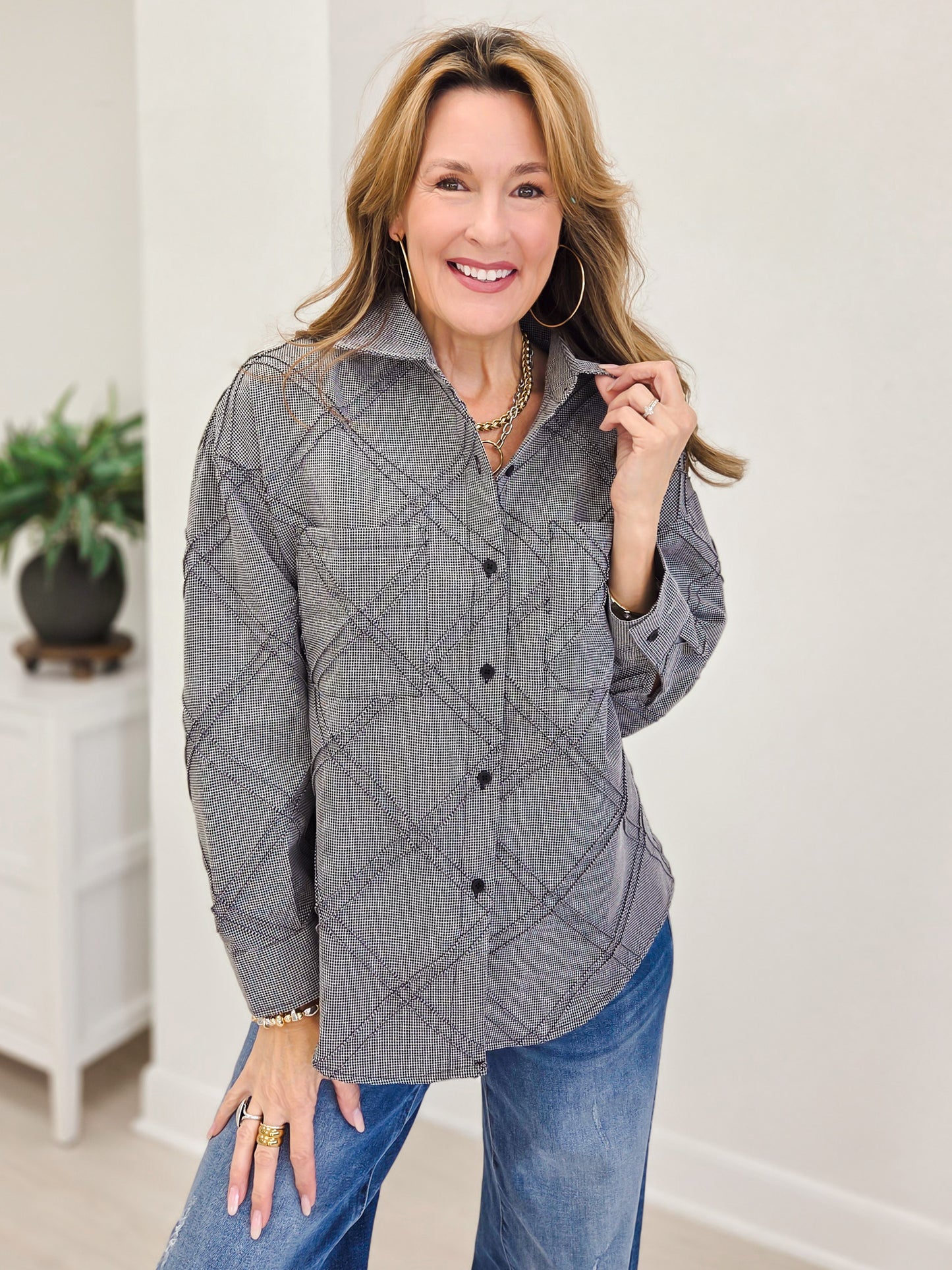 Textured Plaid Detail Button-Up Shirt-Black Mix