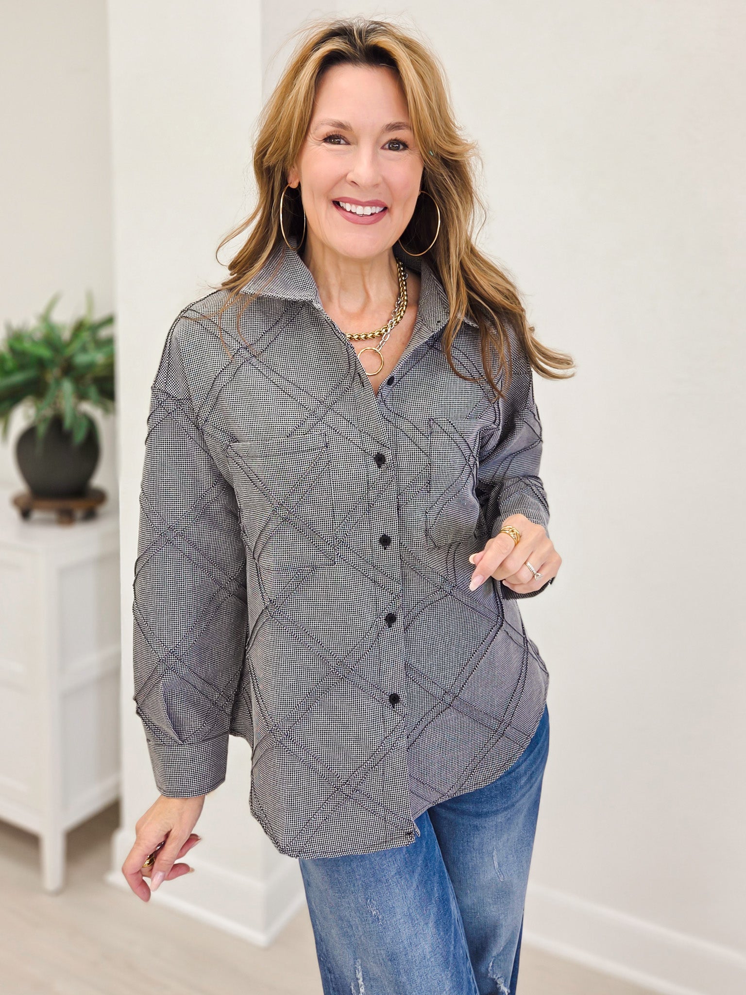Textured Plaid Detail Button-Up Shirt-Black Mix