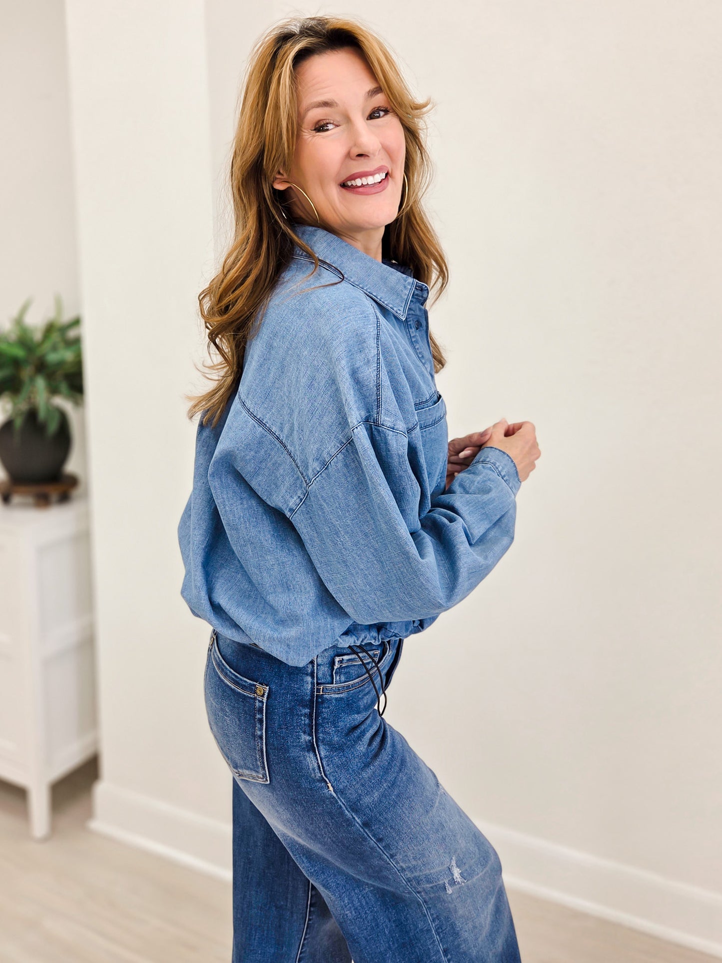 Cropped Long Sleeve Denim Top With Sinch Waist