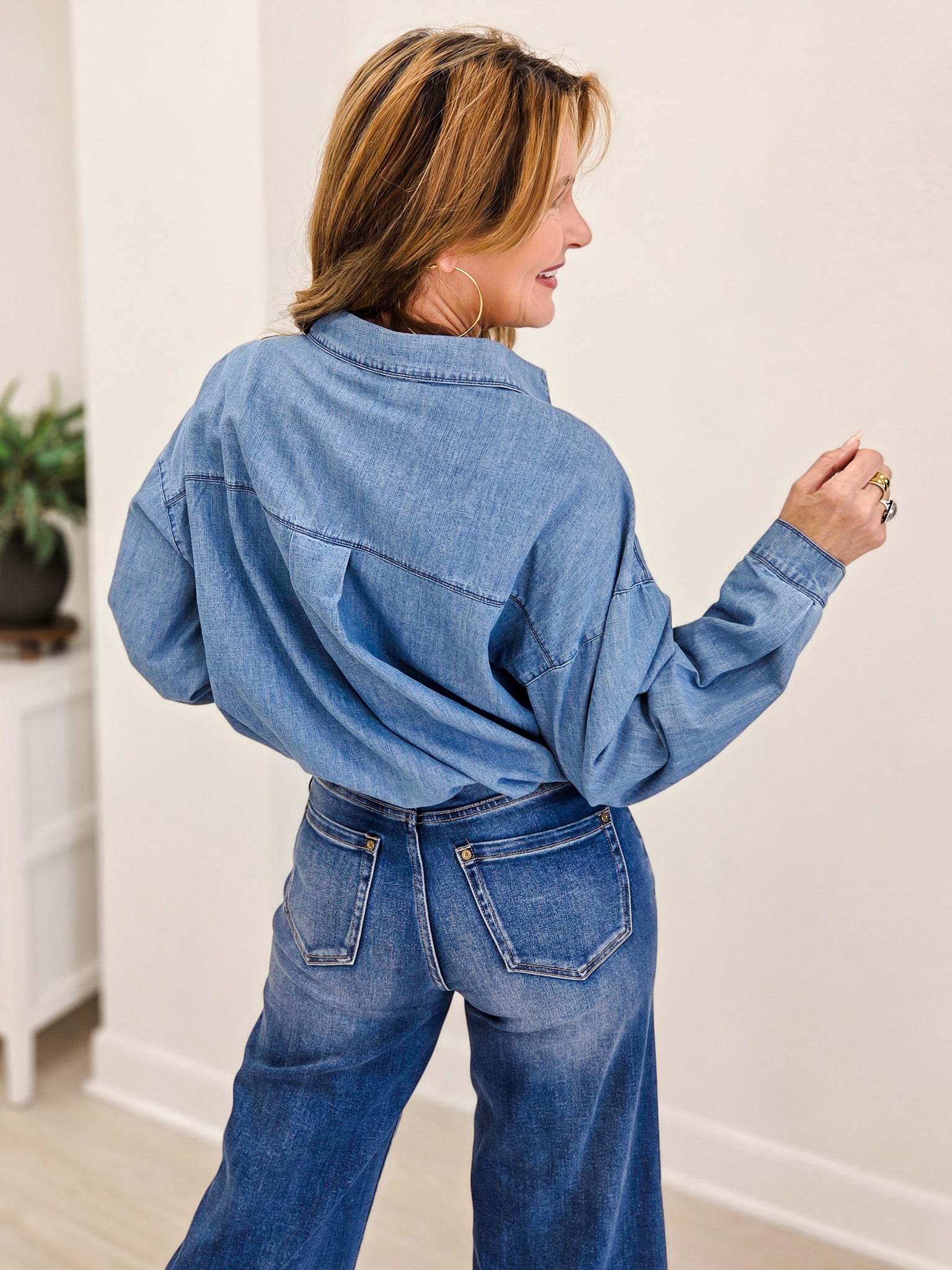 Cropped Long Sleeve Denim Top With Sinch Waist