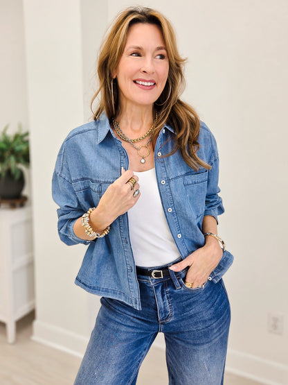 Cropped Long Sleeve Denim Top With Sinch Waist