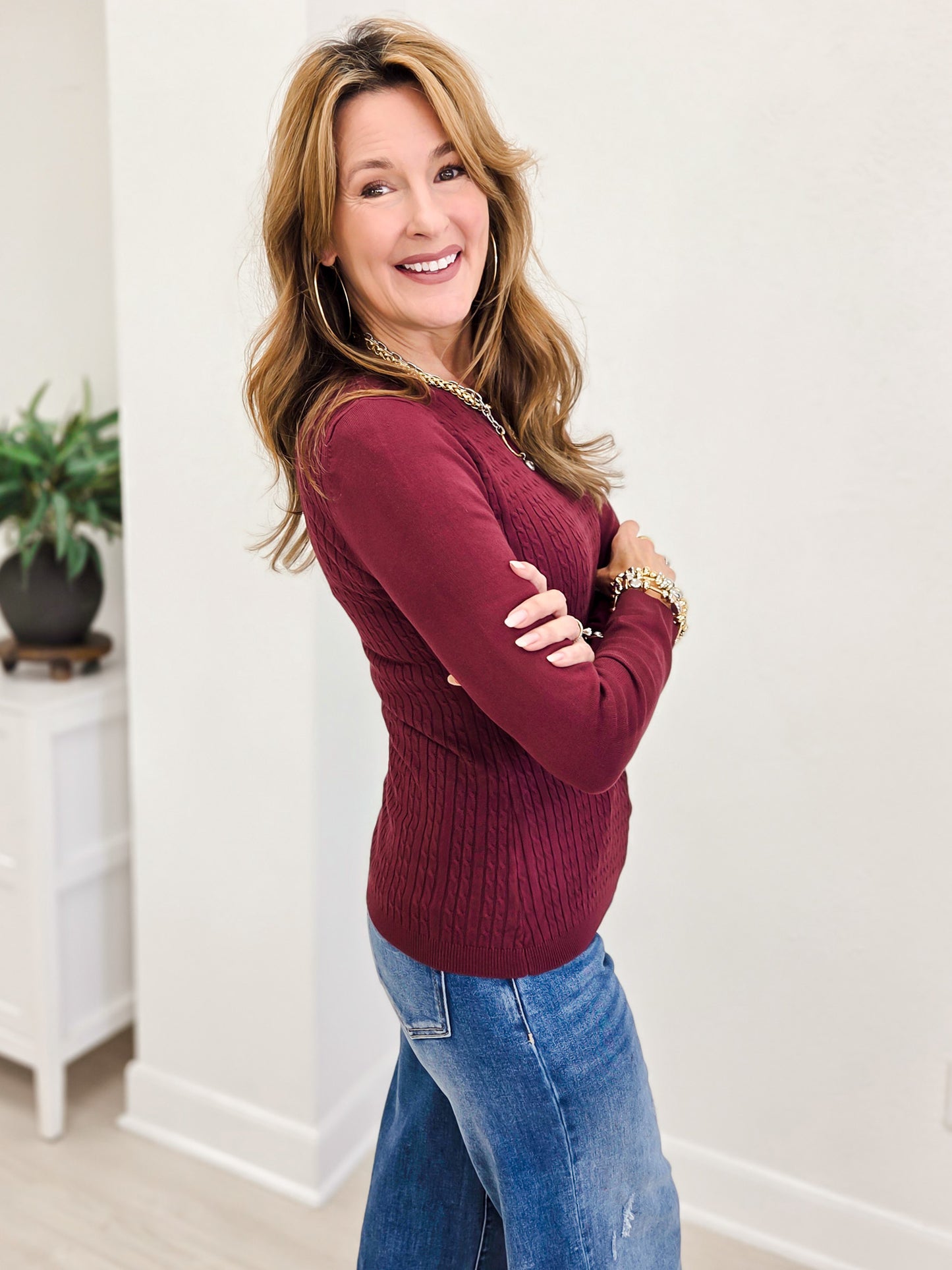 Cable Twist Crew Neck Sweater With Embellished Button Detail On The Shoulder-B