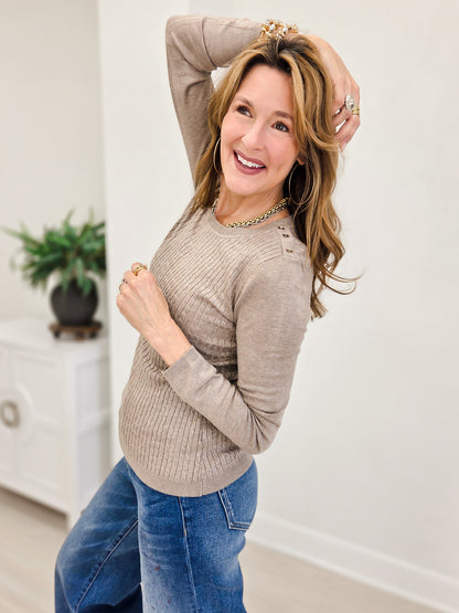 Cable Twist Crew Neck Sweater With Embellished Button Detail On The Shoulder-B