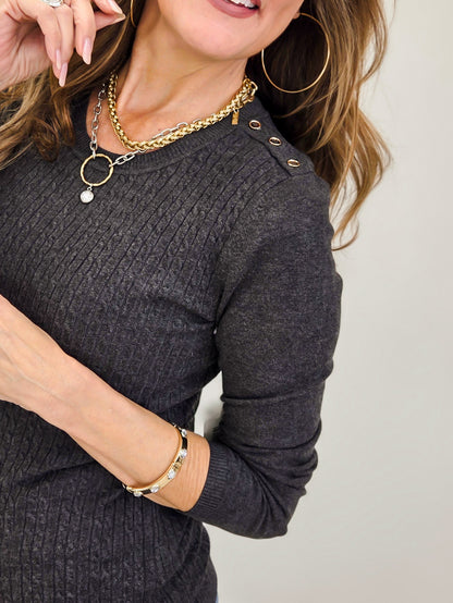 Cable Twist Crew Neck Sweater With Embellished Button Detail On The Shoulder-A