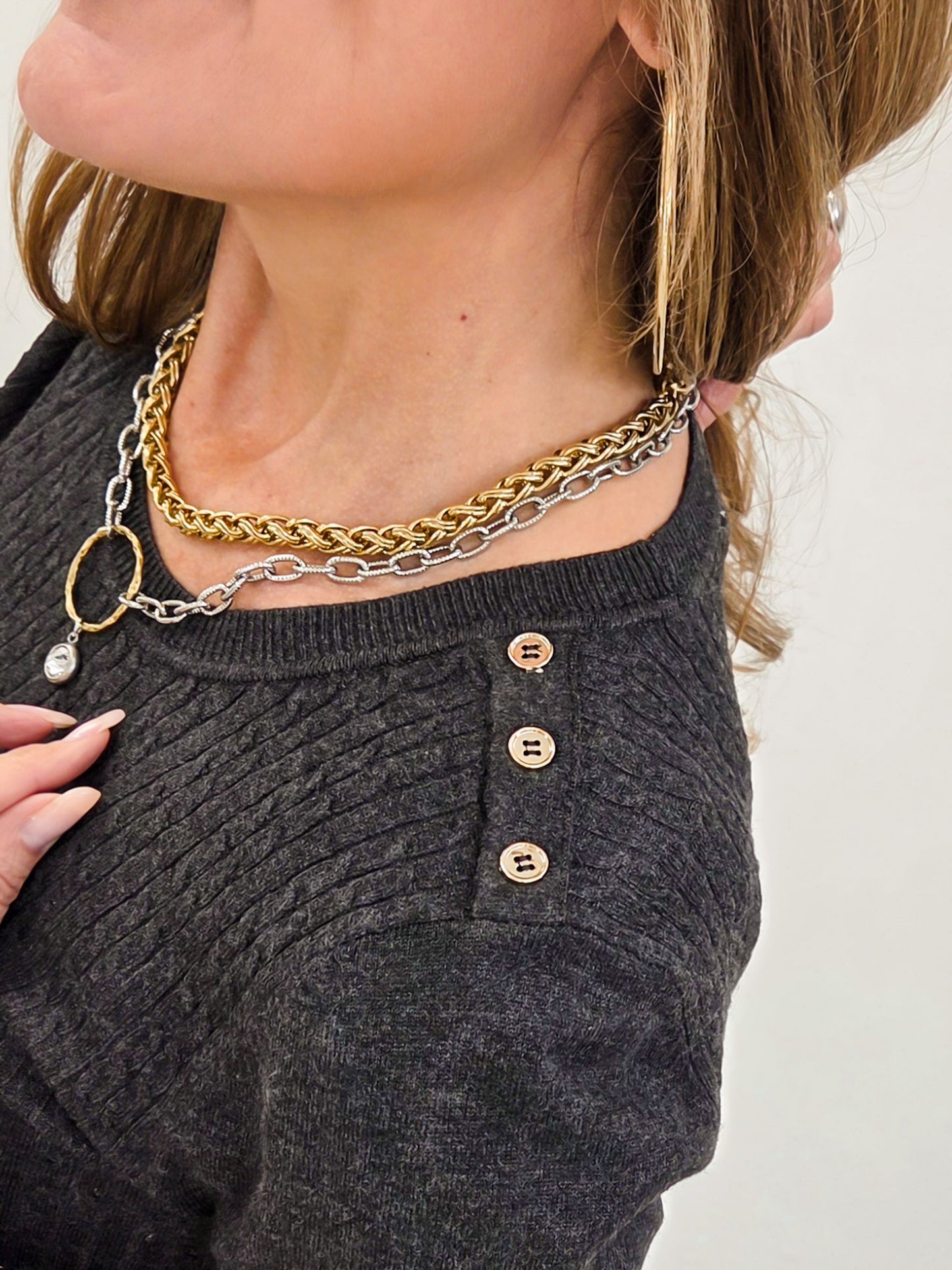 Cable Twist Crew Neck Sweater With Embellished Button Detail On The Shoulder-A