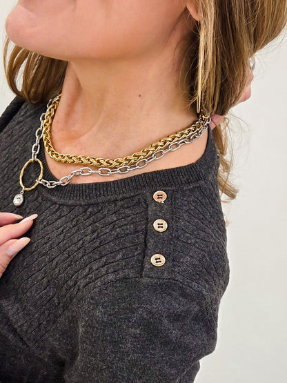 Cable Twist Crew Neck Sweater With Embellished Button Detail On The Shoulder-A
