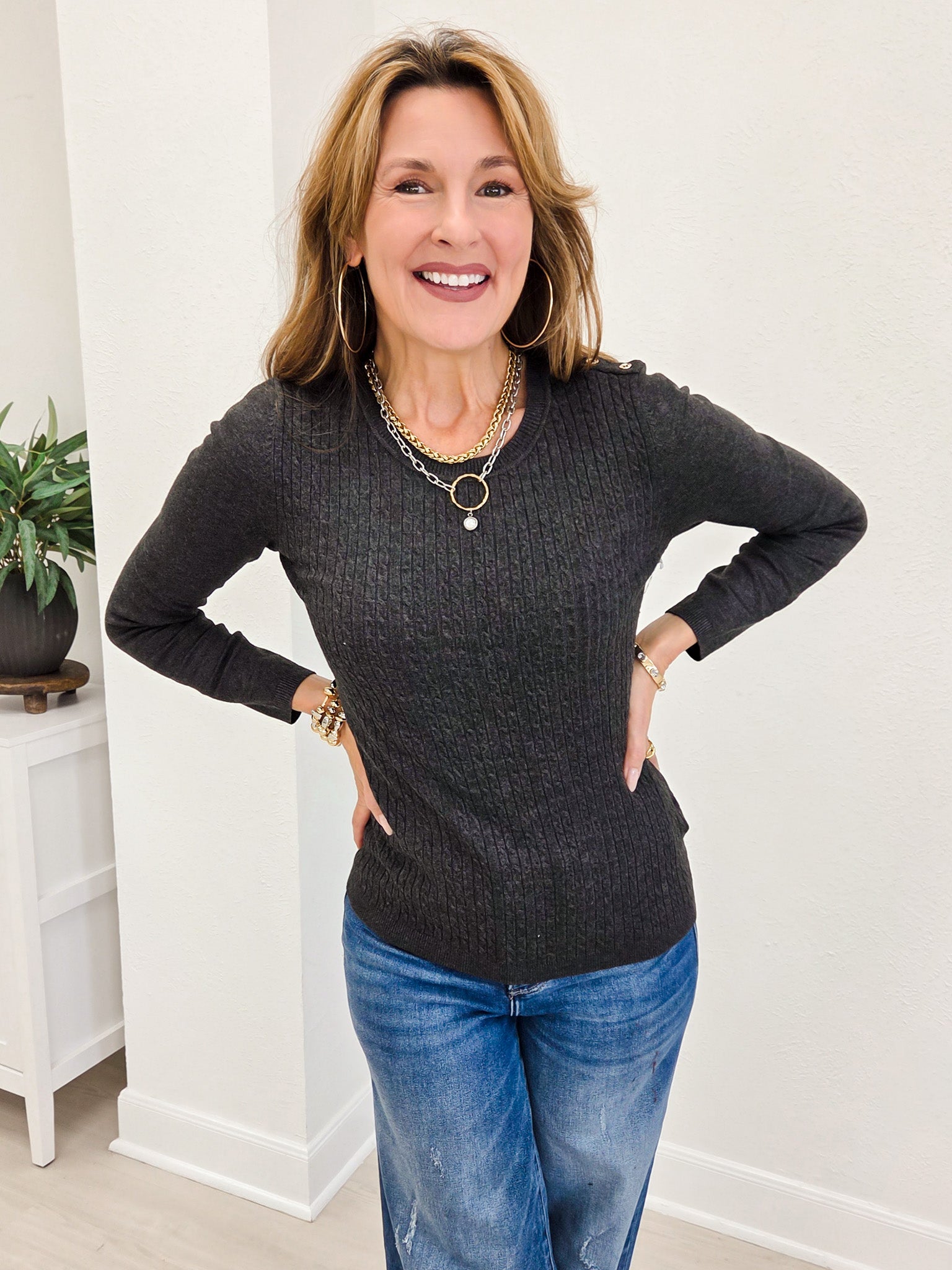 Cable Twist Crew Neck Sweater With Embellished Button Detail On The Shoulder-A