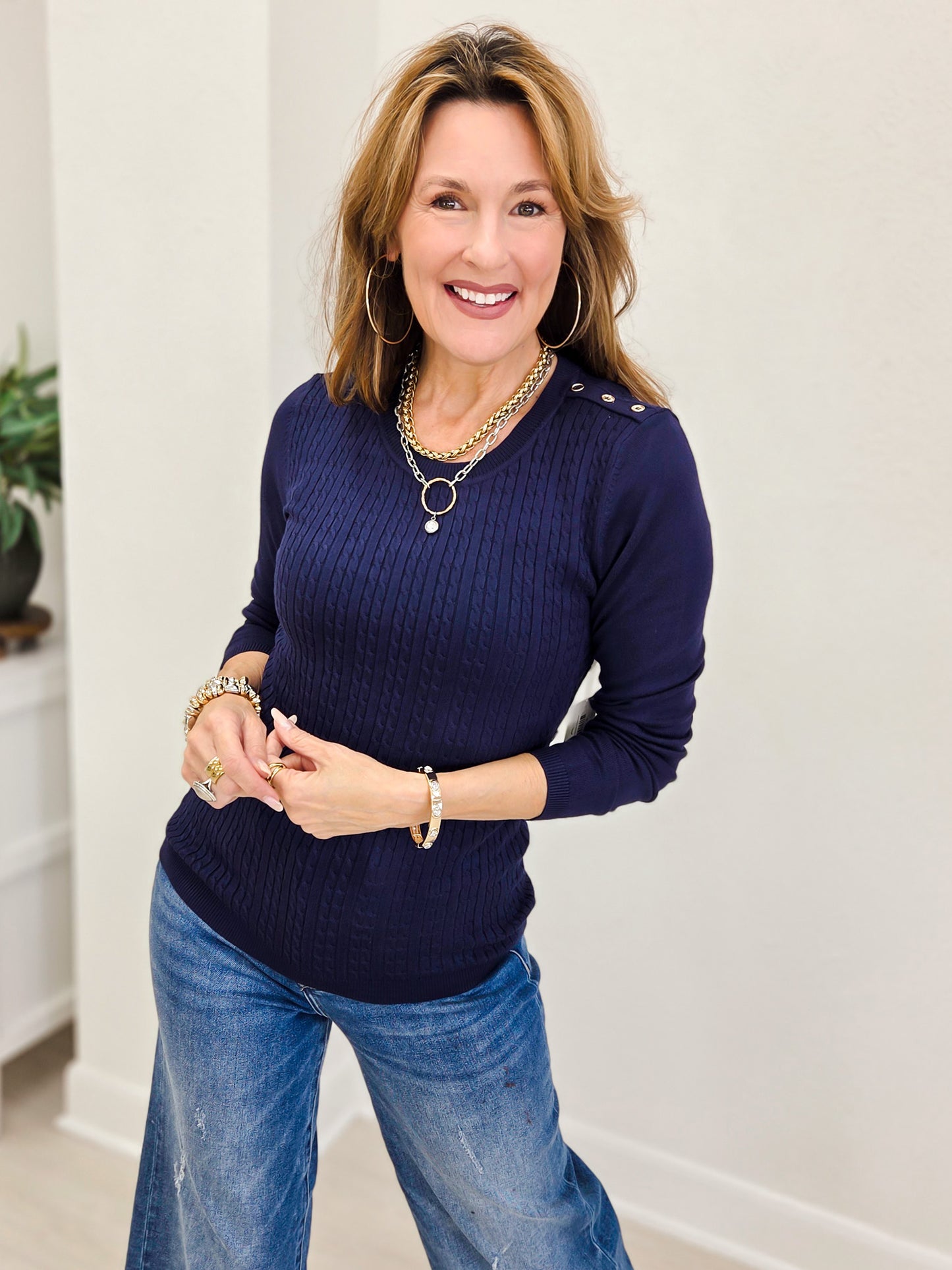 Cable Twist Crew Neck Sweater With Embellished Button Detail On The Shoulder-A