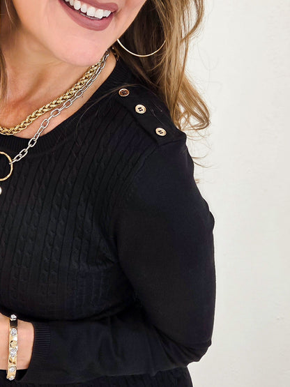 Cable Twist Crew Neck Sweater With Embellished Button Detail On The Shoulder-Black