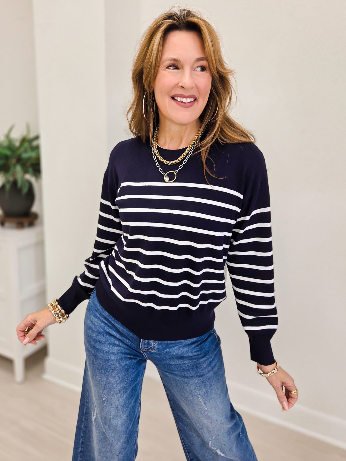 Striped Knit Round Neck Pullover Top