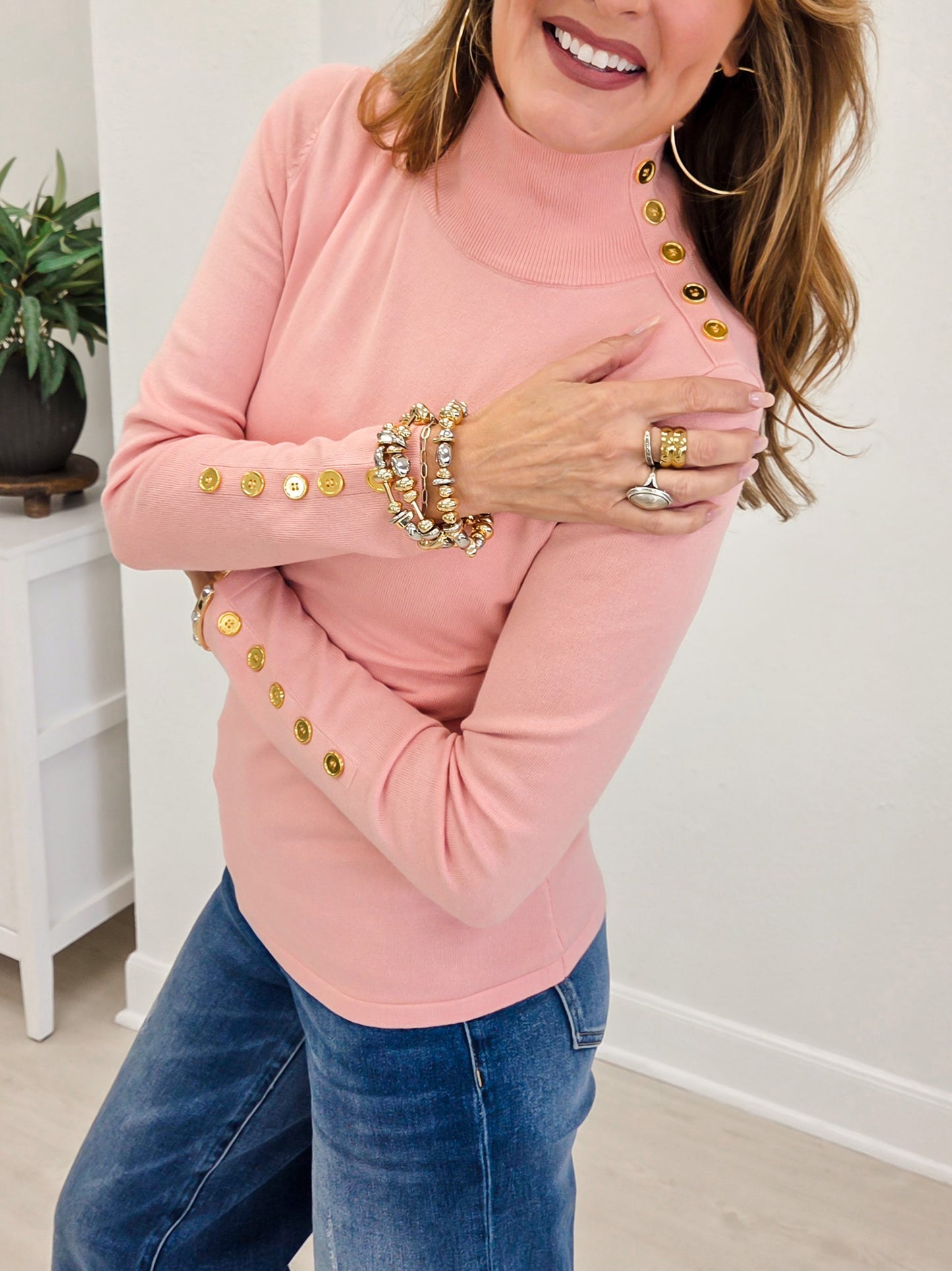 Long Sleeve Turtle Neck Top With Embellished Button Detail