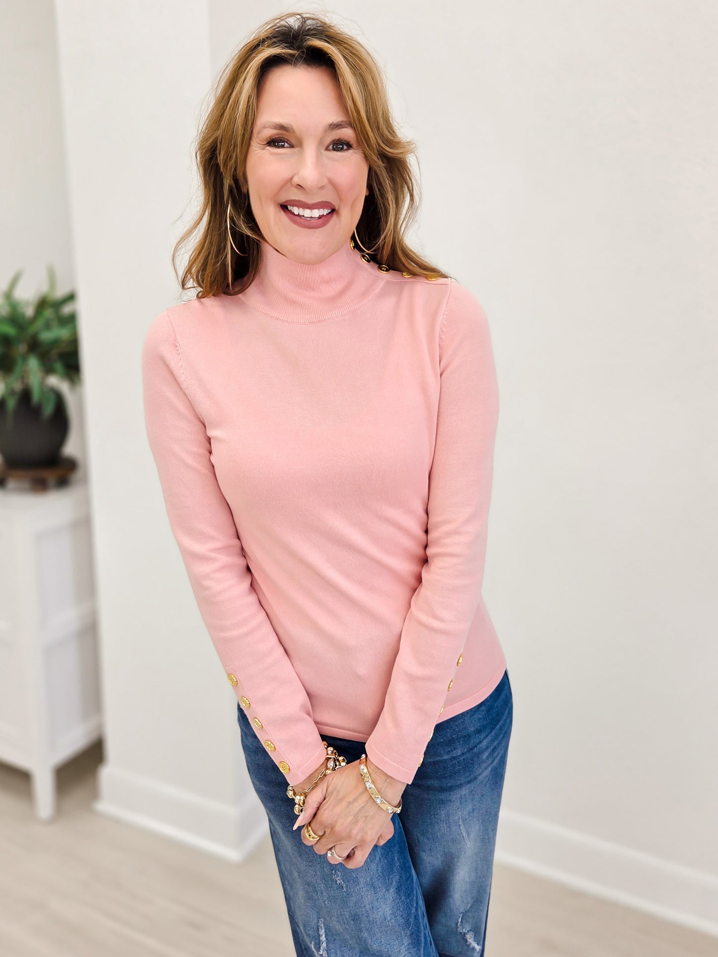Long Sleeve Turtle Neck Top With Embellished Button Detail