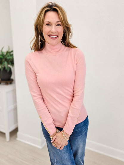 Long Sleeve Turtle Neck Top With Embellished Button Detail