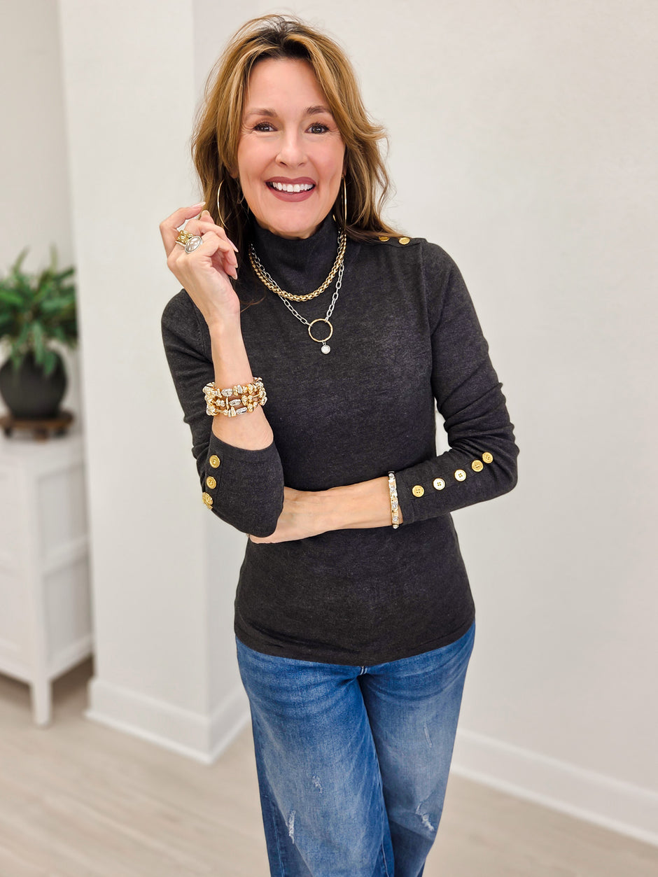 Long Sleeve Turtle Neck Top With Embellished Button Detail