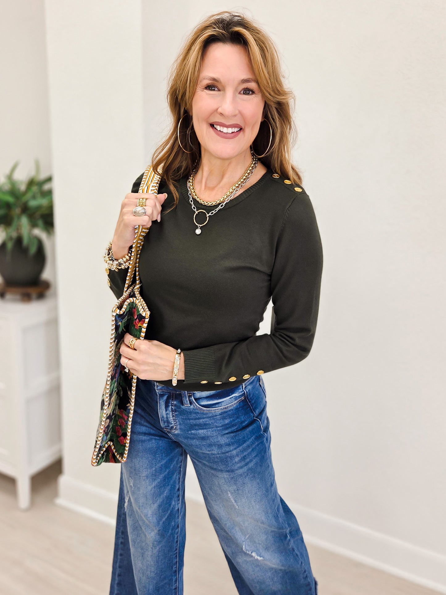 Long Sleeve Sweater Top With Embellished Button Detail-B