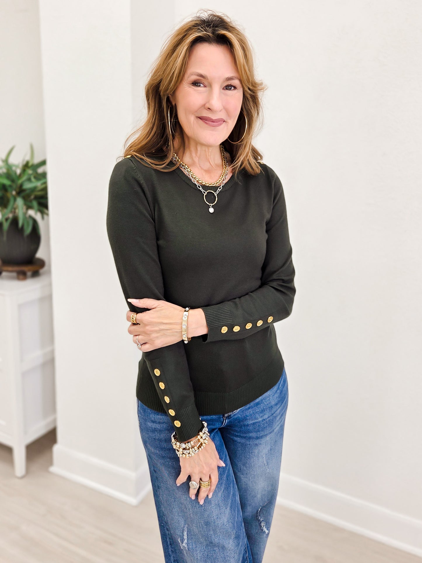 Long Sleeve Sweater Top With Embellished Button Detail-B