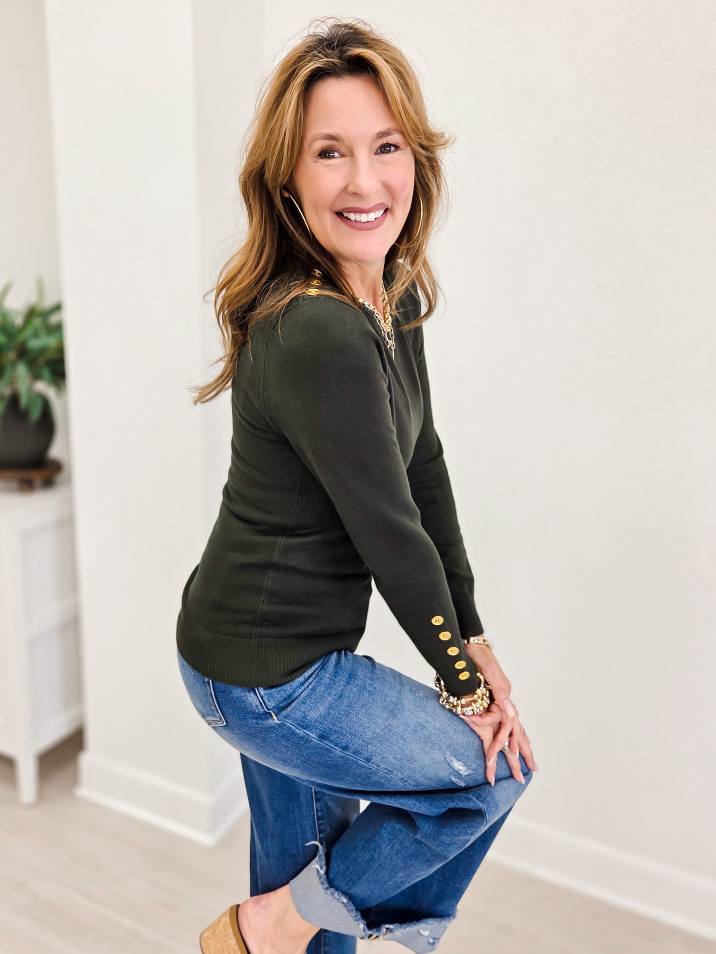 Long Sleeve Sweater Top With Embellished Button Detail-B