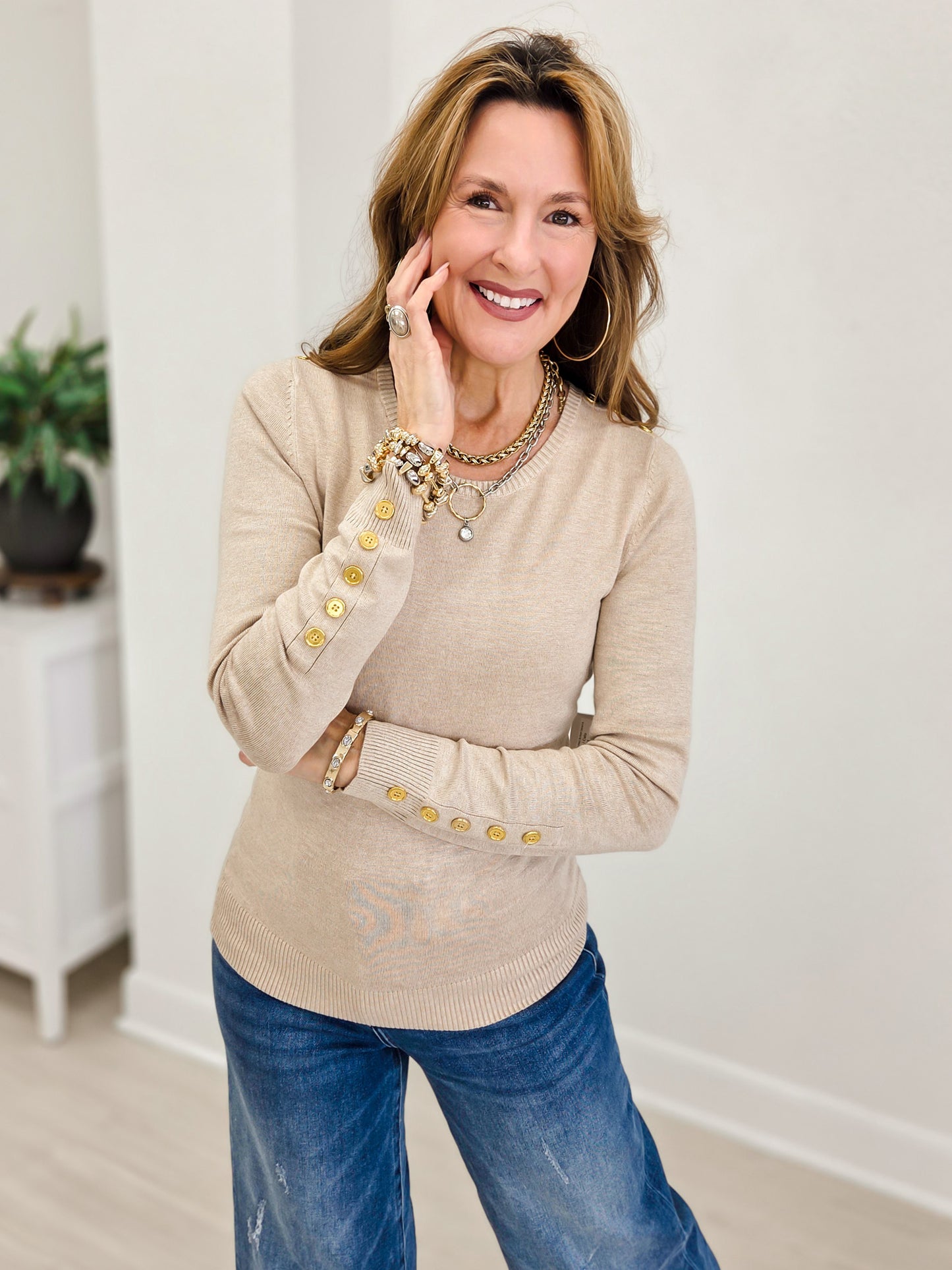Long Sleeve Sweater Top With Embellished Button Detail-B