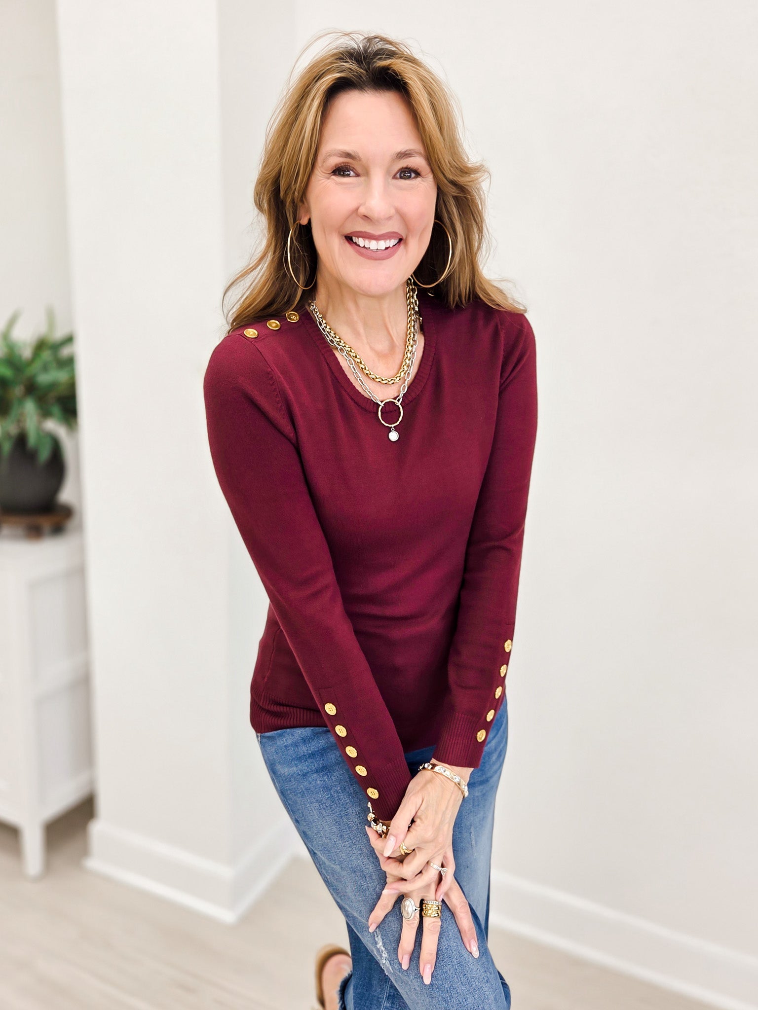 Long Sleeve Sweater Top With Embellished Button Detail-A