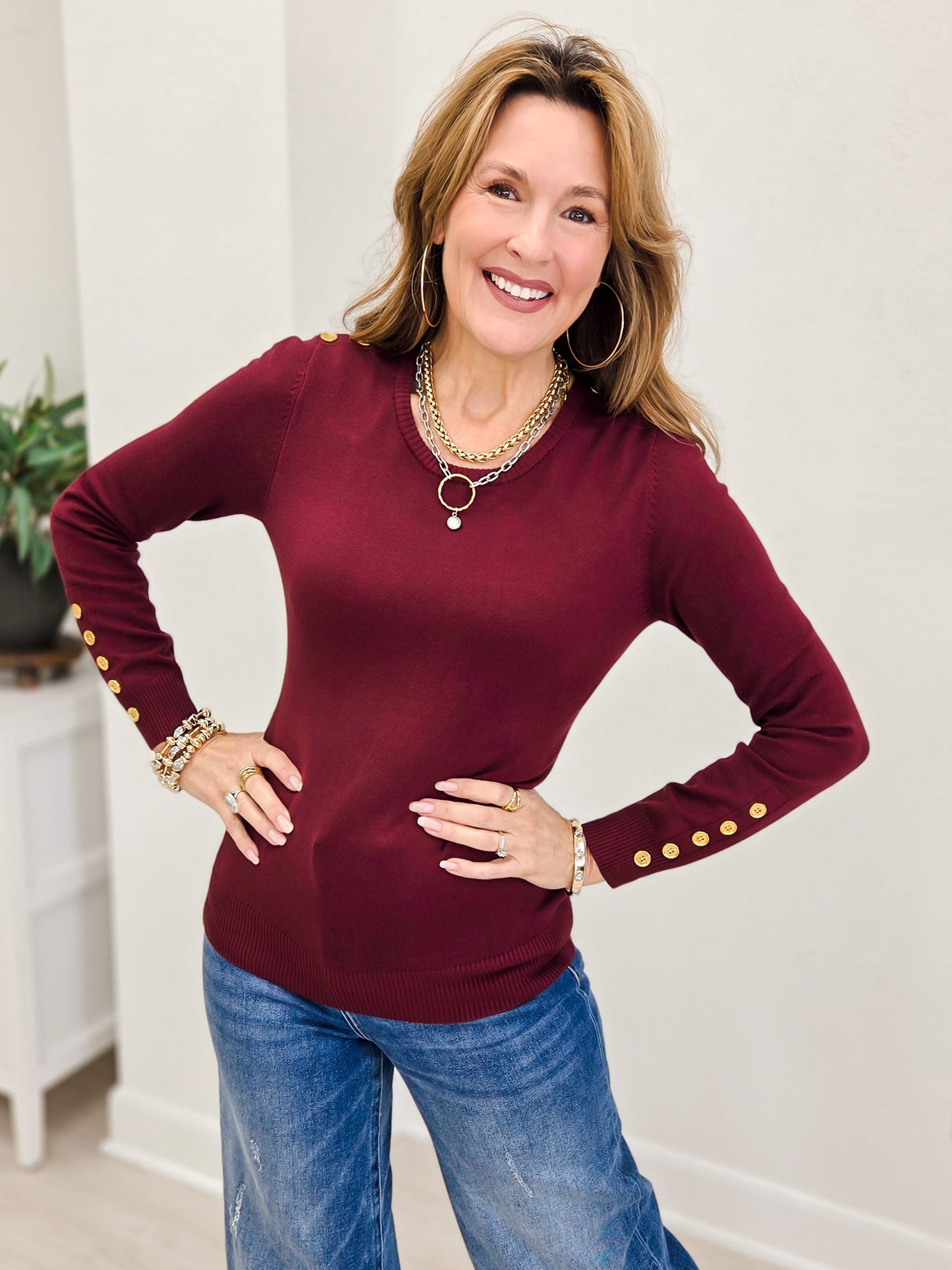 Long Sleeve Sweater Top With Embellished Button Detail-A