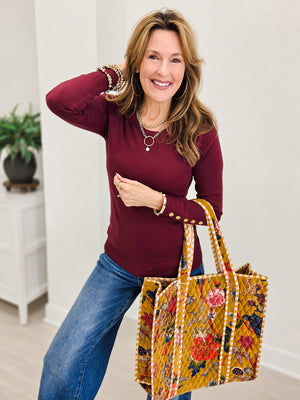 Long Sleeve Sweater Top With Embellished Button Detail-A