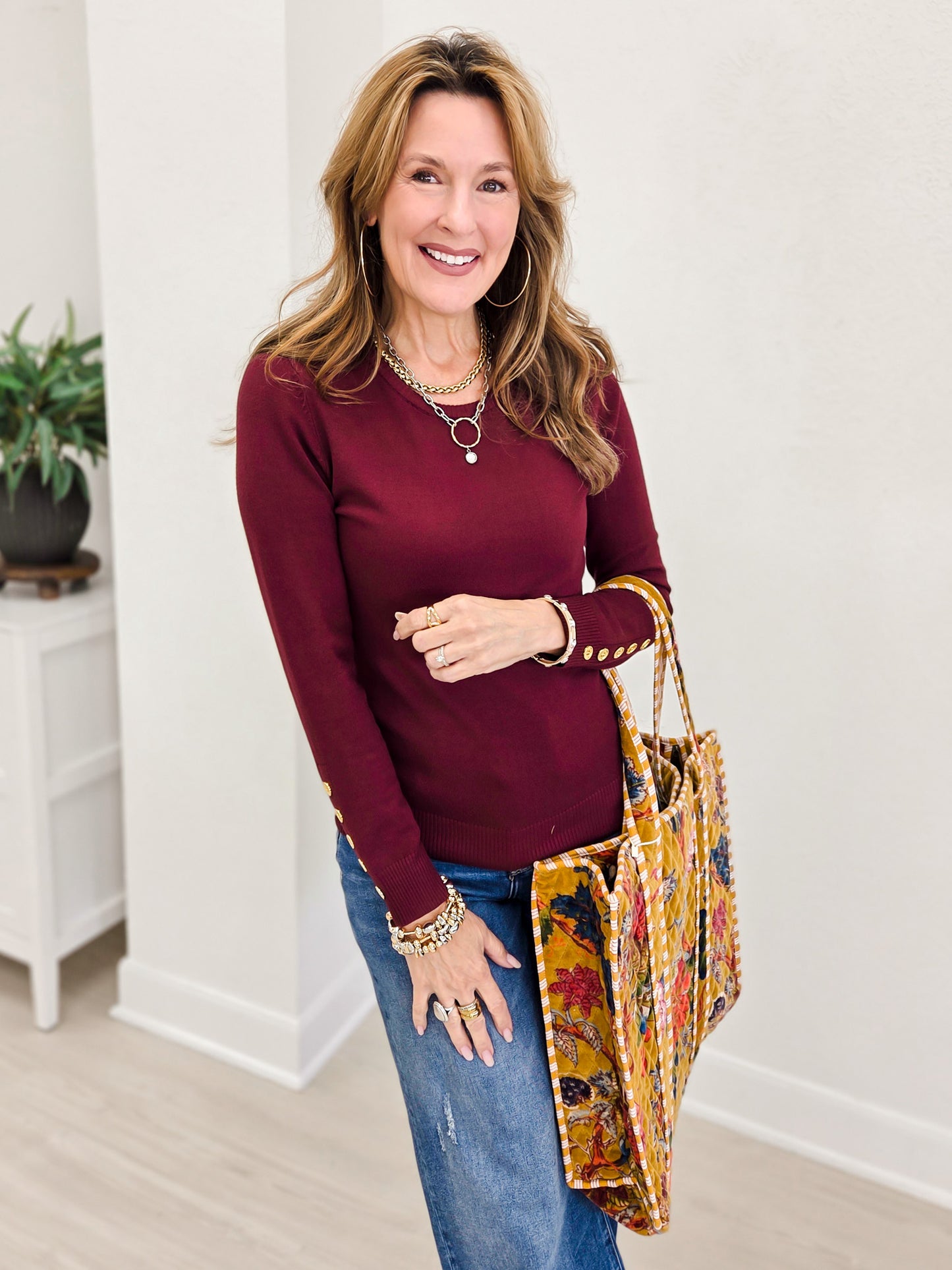 Long Sleeve Sweater Top With Embellished Button Detail-A