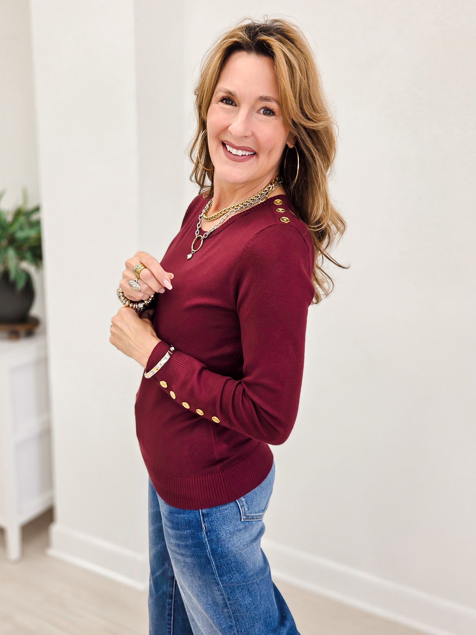 Long Sleeve Sweater Top With Embellished Button Detail-A