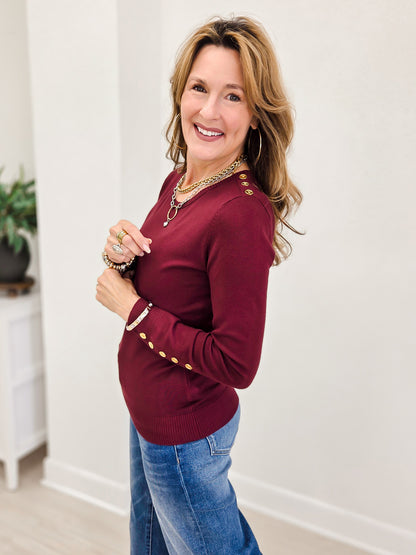 Long Sleeve Sweater Top With Embellished Button Detail-A