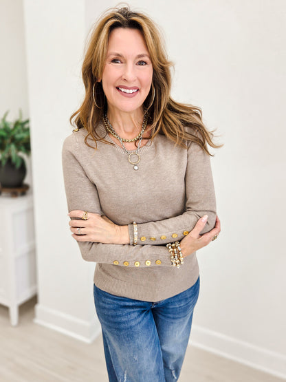 Long Sleeve Sweater Top With Embellished Button Detail-A