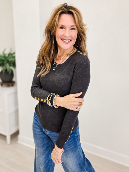Long Sleeve Sweater Top With Embellished Button Detail-Charcoal