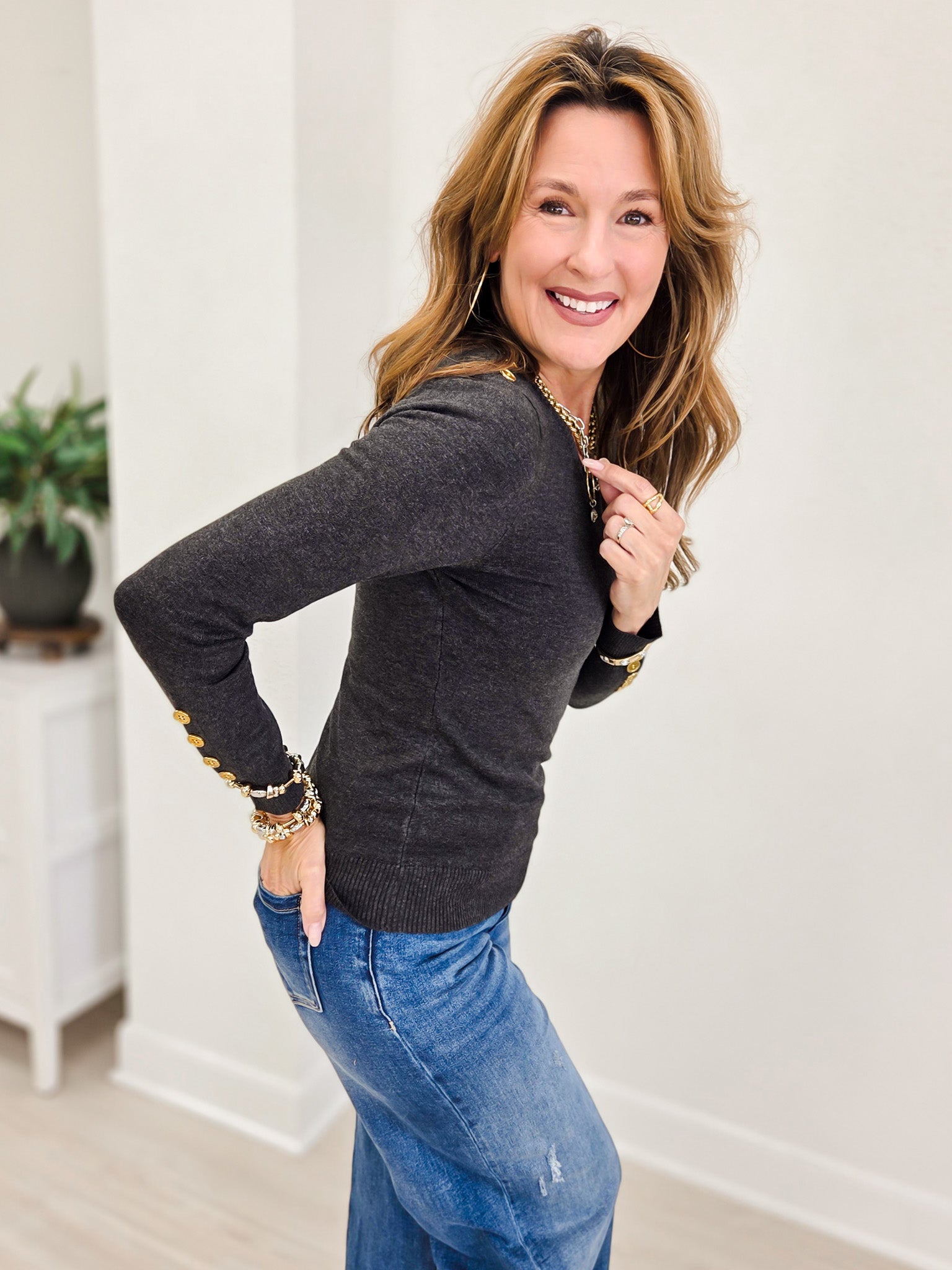 Long Sleeve Sweater Top With Embellished Button Detail-Charcoal