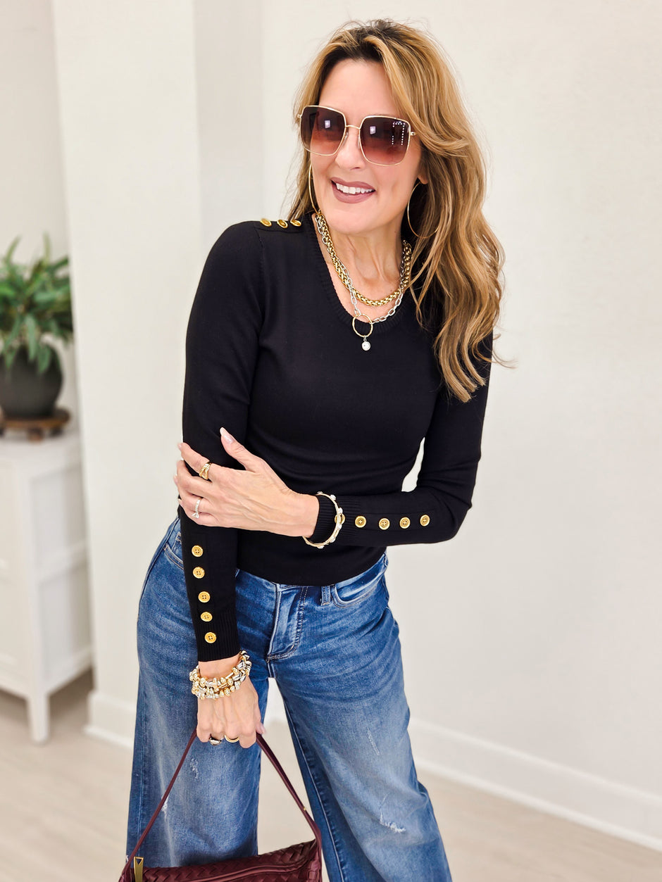 Long Sleeve Sweater Top With Embellished Button Detail-Black