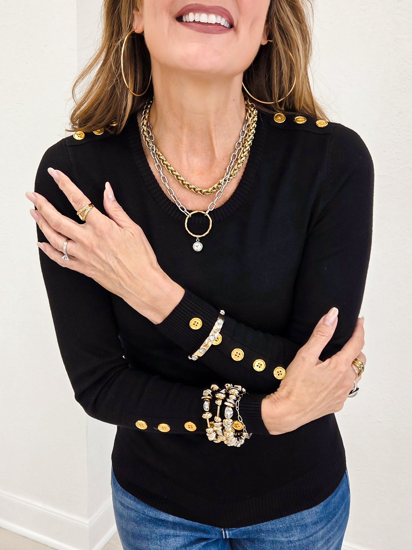 Long Sleeve Sweater Top With Embellished Button Detail-Black