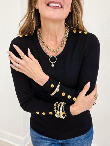Long Sleeve Sweater Top With Embellished Button Detail-Black