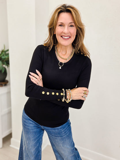 Long Sleeve Sweater Top With Embellished Button Detail-Black