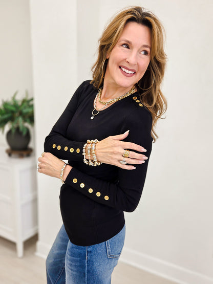 Long Sleeve Sweater Top With Embellished Button Detail-Black