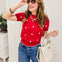 Crew Neck Polka Dot Short Sleeve Swearer Top-Red
