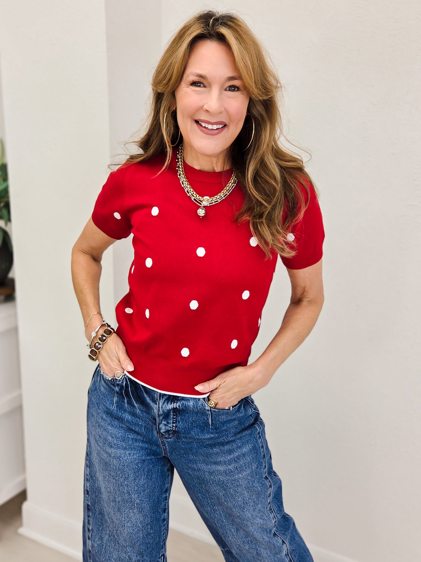 Crew Neck Polka Dot Short Sleeve Swearer Top-Red
