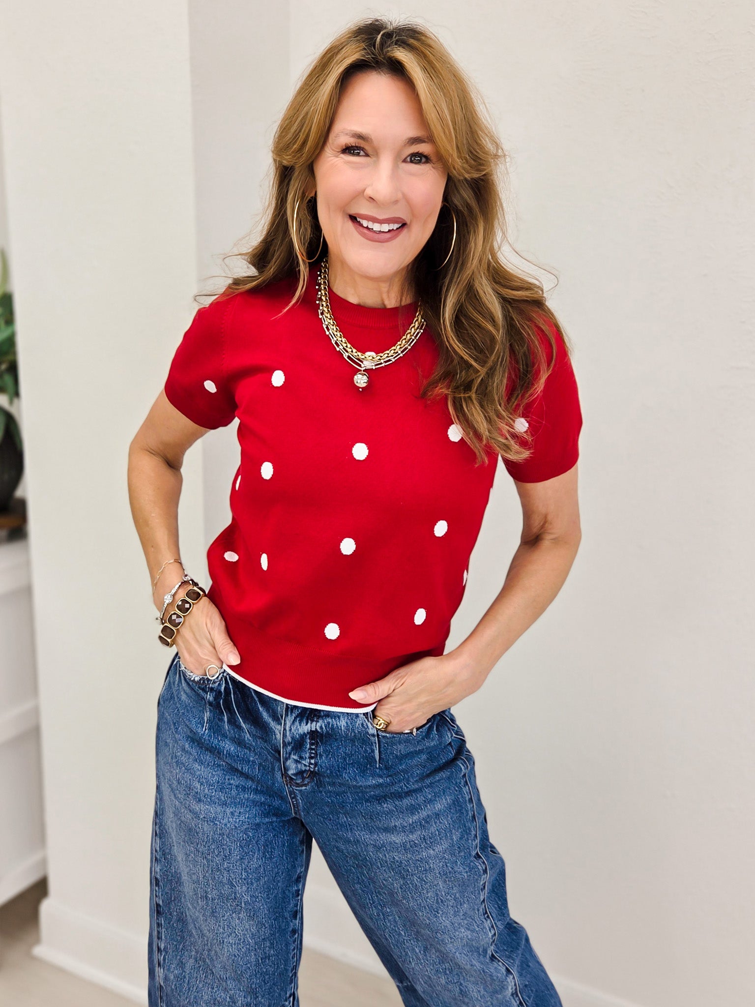 Crew Neck Polka Dot Short Sleeve Swearer Top-Red
