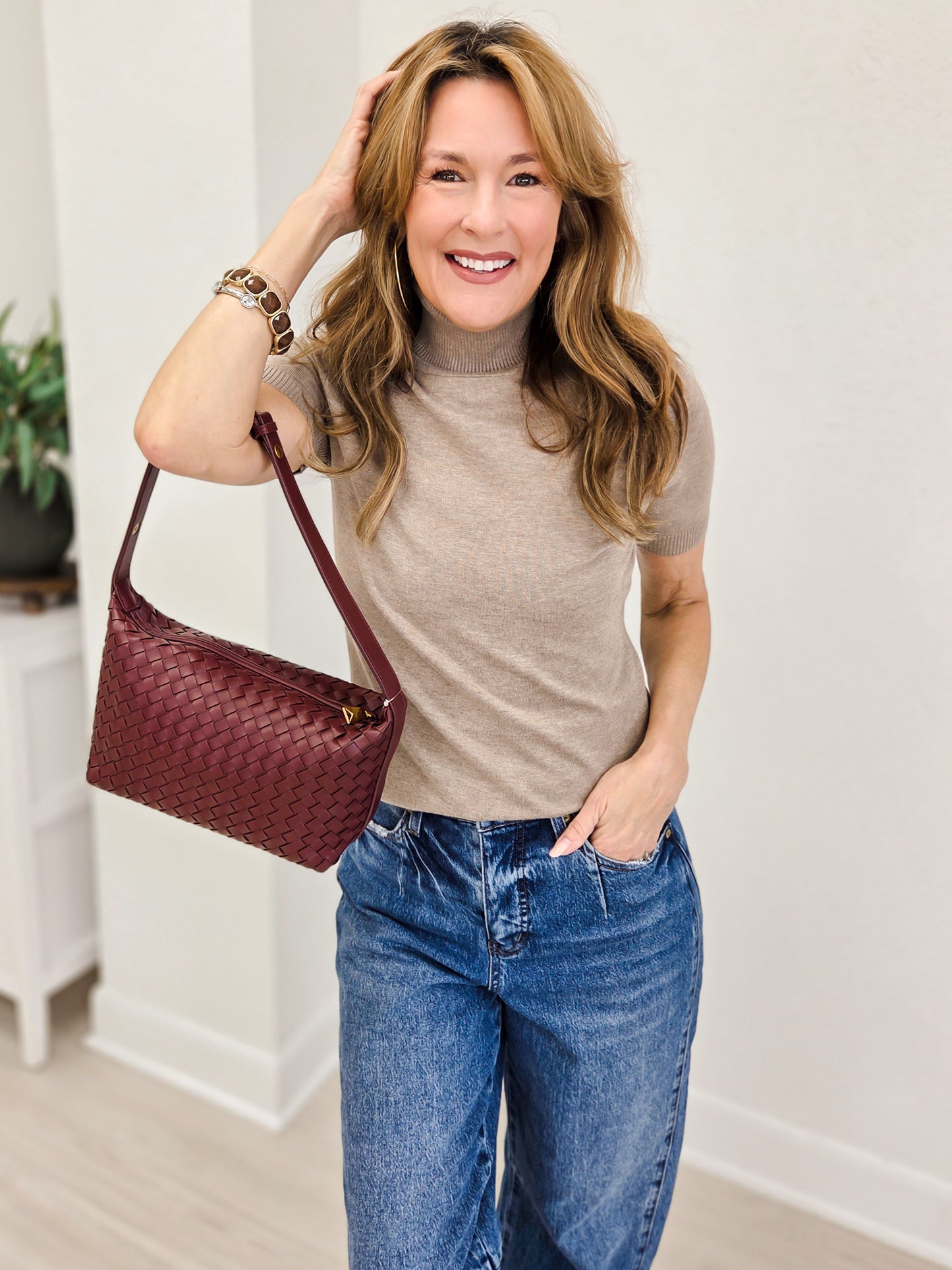 Turtleneck Short Sleeve Pull Over Sweater Top-A