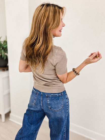 Turtleneck Short Sleeve Pull Over Sweater Top-A