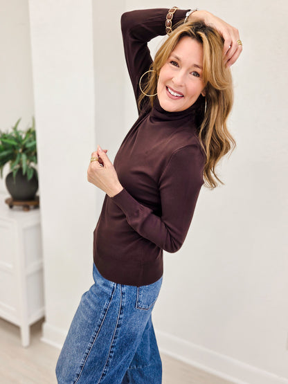 Long Sleeve Turtle Neck Pull Over Sweater Top - Brown
