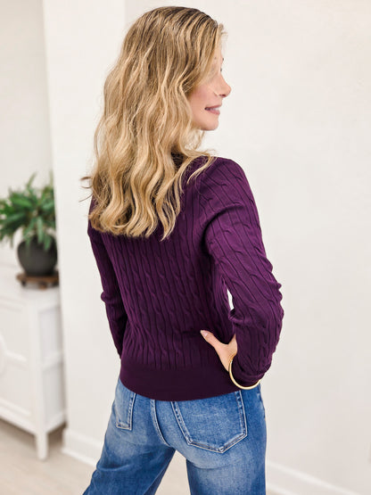 Crew Neck Cable Knit Button Cardigan-Dark Purple