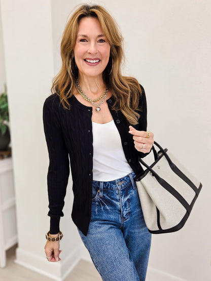 Crew Neck Cable Knit Button Cardigan-Black