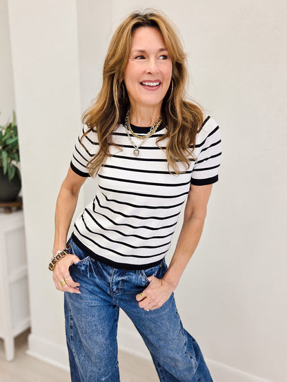Stripe Ringer Crew Neck Short Sleeve Top