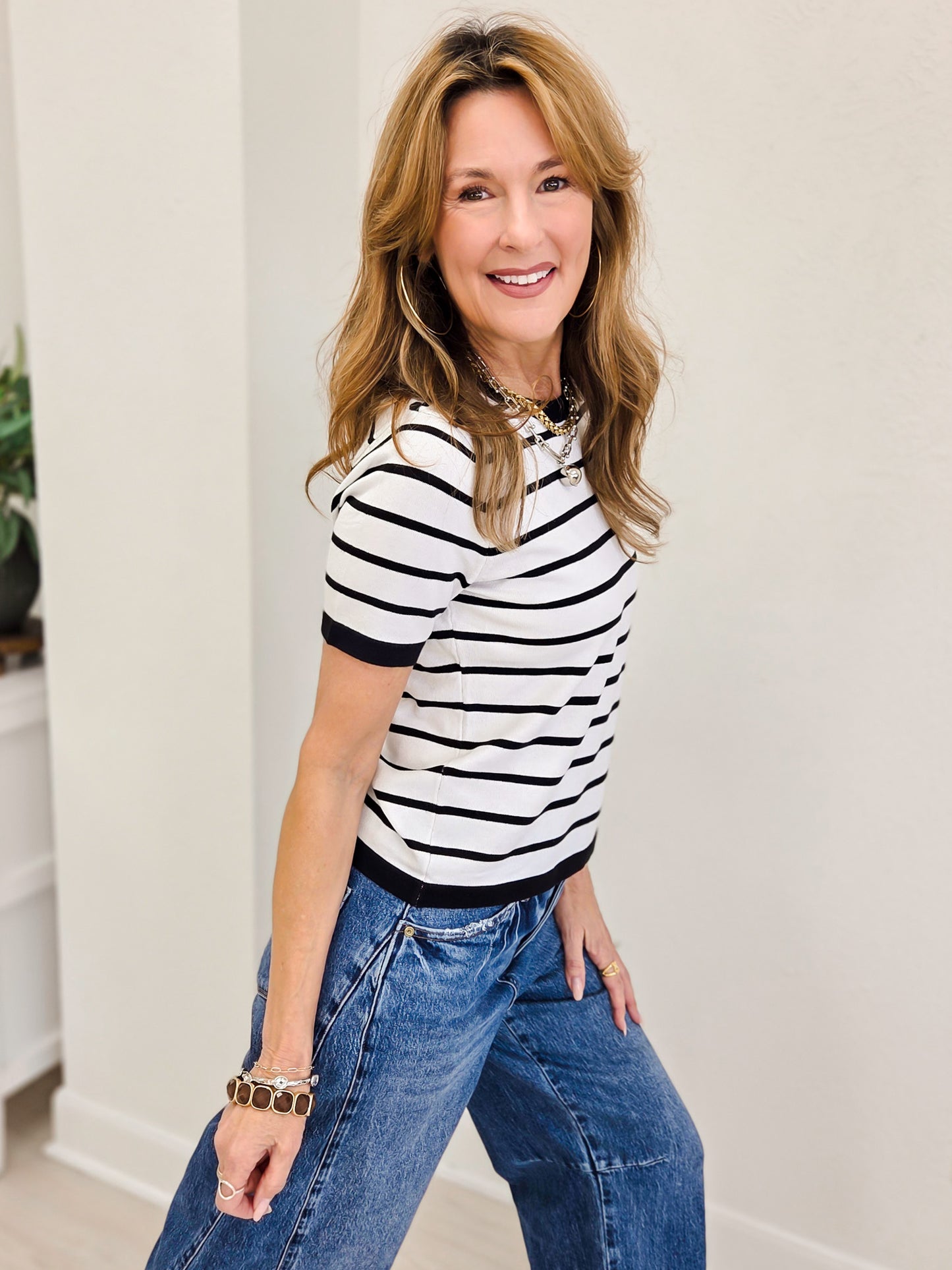 Stripe Ringer Crew Neck Short Sleeve Top