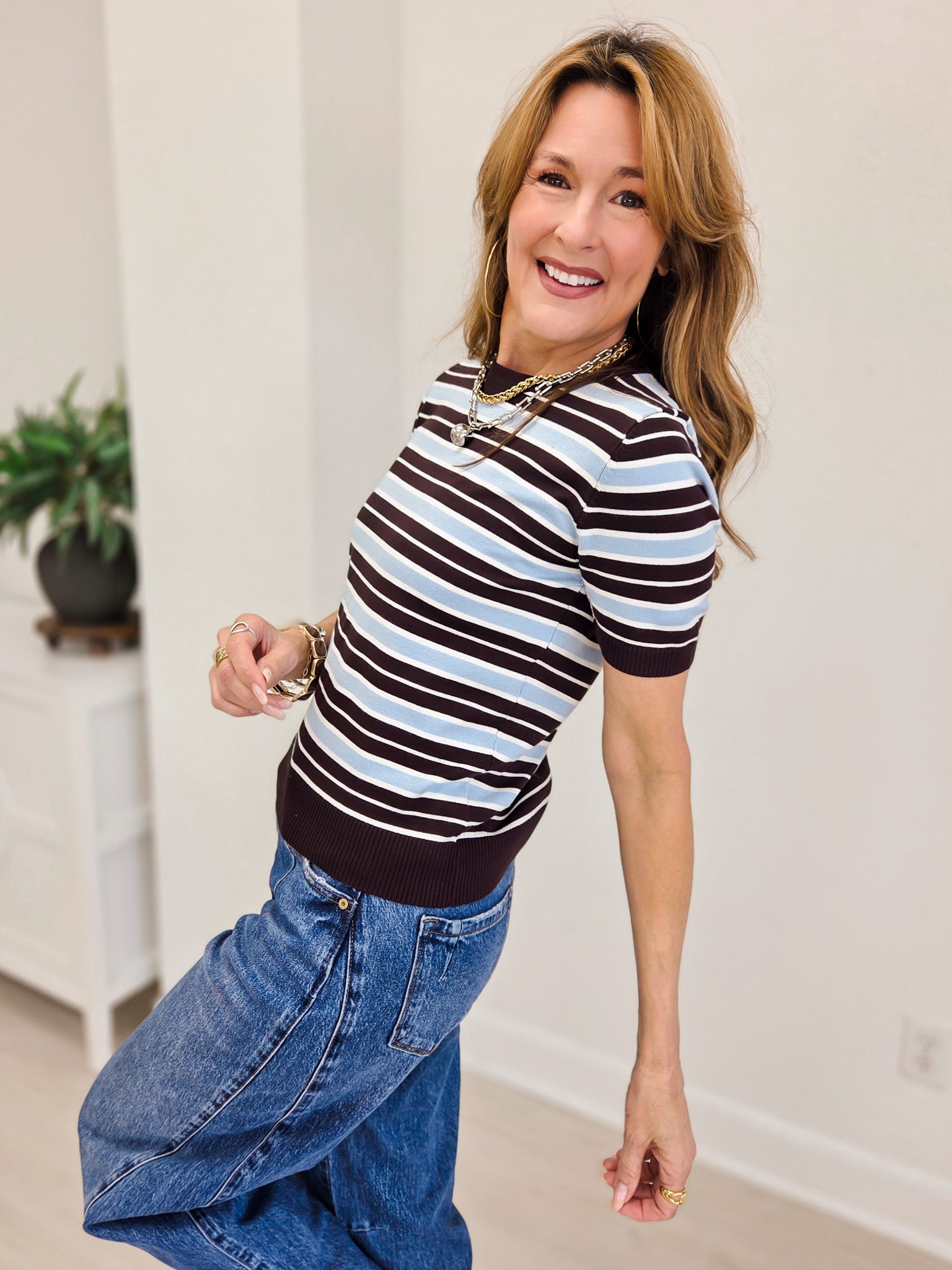 Color Stripe Pull Over Sweater Top-Brown/Ivory/Blue