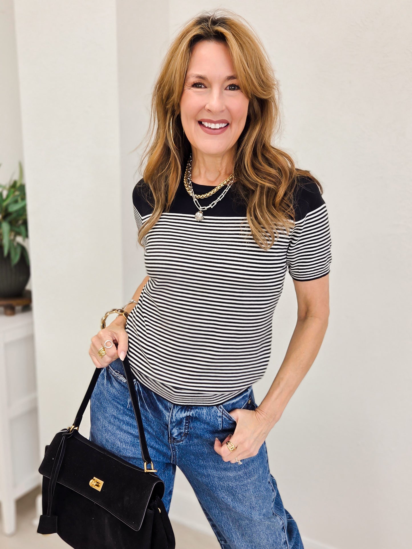 Simple Striped Crew Neck Short Sleeve Top